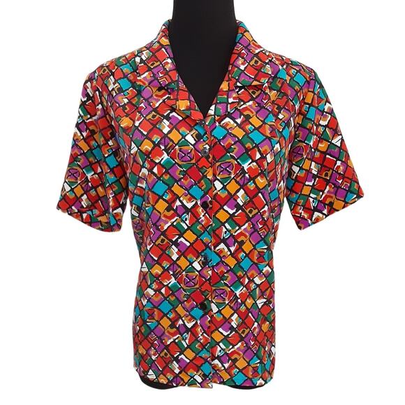 Vintage 70s Disco Button Down Shirt Art Deco Satin Cropped Women 6 Art to Wear - Picture 2 of 9